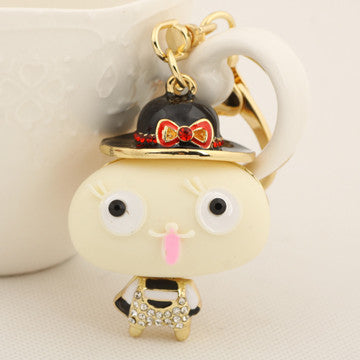 Lovely Small Stone Child Bow Hat Keychain Fashion Crystal Figure Metal Key Chain Holder for Women Gift Bag Purse Charm Pendant