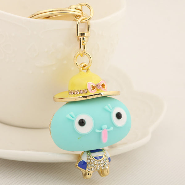 Lovely Small Stone Child Bow Hat Keychain Fashion Crystal Figure Metal Key Chain Holder for Women Gift Bag Purse Charm Pendant
