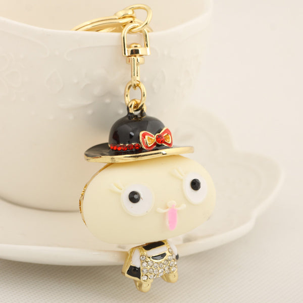 Lovely Small Stone Child Bow Hat Keychain Fashion Crystal Figure Metal Key Chain Holder for Women Gift Bag Purse Charm Pendant