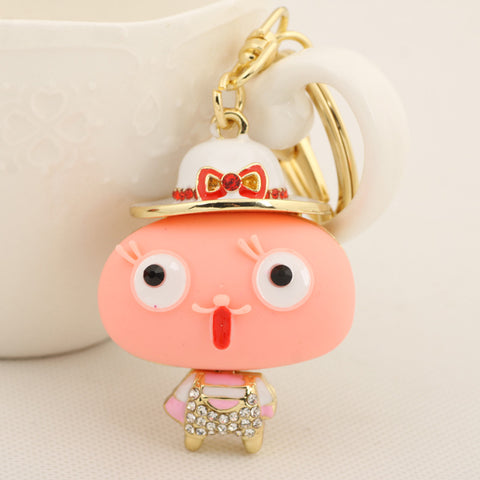 Lovely Small Stone Child Bow Hat Keychain Fashion Crystal Figure Metal Key Chain Holder for Women Gift Bag Purse Charm Pendant