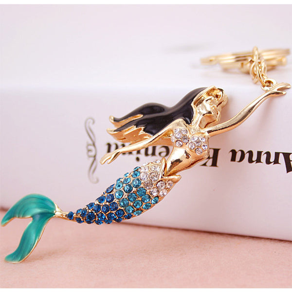 Mermaid Beauty Sea Girl Fish Pendant Charm Crystal Purse Bag Car Key Ring Chain Friend Girl Wedding Party Gift