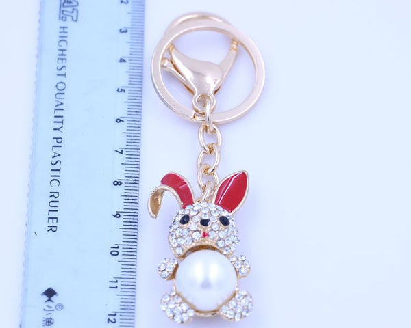 New Arrival 2015 Fashion Jewelry Lovely Chinese Zodiac Rabbit Charm Pearl Crystal Purse Bag Car Key Chains Women Holiday Gift