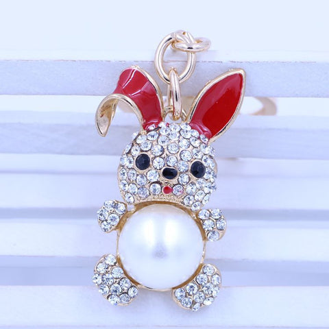 New Arrival 2015 Fashion Jewelry Lovely Chinese Zodiac Rabbit Charm Pearl Crystal Purse Bag Car Key Chains Women Holiday Gift