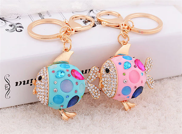 New Arrival Creative Resin Fish Rhinestone Car keychains Gold Plated Keyrings Women Charm Gift Purse Bag Jewelry