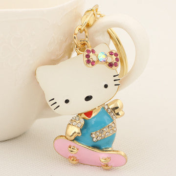 New Cute Resin Cat Skids Keychain Fashion Rhinestone Animal Metal Key Chain Ring for Women Gift Bag Purse Charm Pendant Jewelry