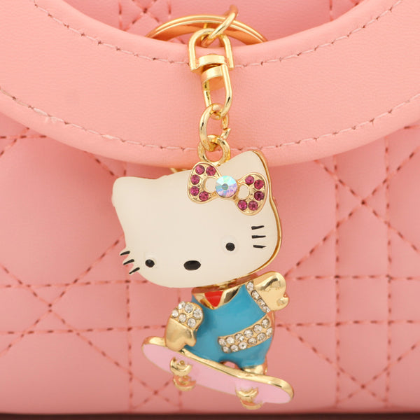 New Cute Resin Cat Skids Keychain Fashion Rhinestone Animal Metal Key Chain Ring for Women Gift Bag Purse Charm Pendant Jewelry