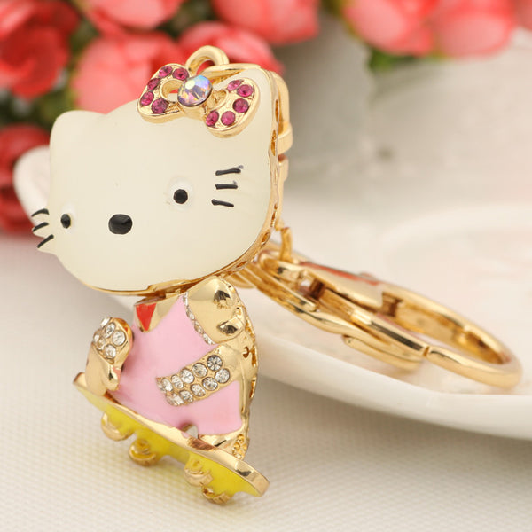 New Cute Resin Cat Skids Keychain Fashion Rhinestone Animal Metal Key Chain Ring for Women Gift Bag Purse Charm Pendant Jewelry