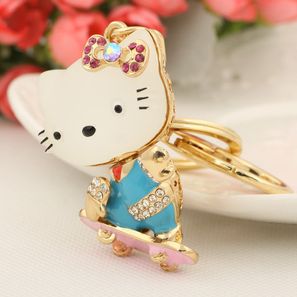 New Cute Resin Cat Skids Keychain Fashion Rhinestone Animal Metal Key Chain Ring for Women Gift Bag Purse Charm Pendant Jewelry