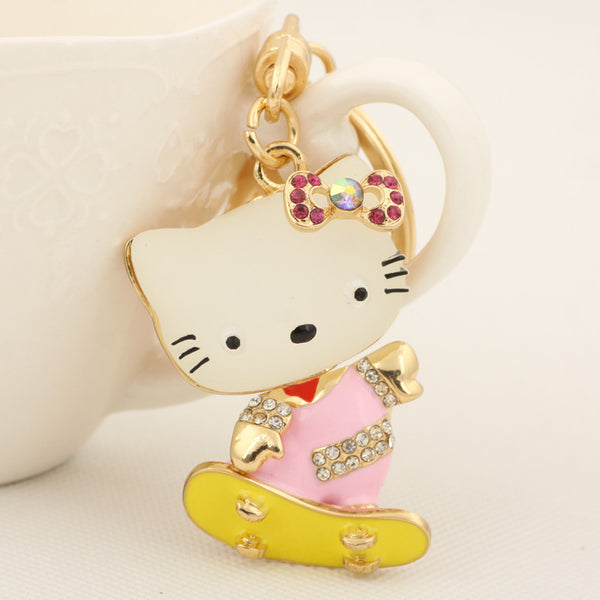 New Cute Resin Cat Skids Keychain Fashion Rhinestone Animal Metal Key Chain Ring for Women Gift Bag Purse Charm Pendant Jewelry