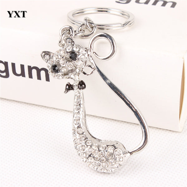 New Fox Bowknot Cute Silver Metal Crystal Charm Purse Handbag Car Key Ring Keychain  Wedding Birthday Delicate Gift