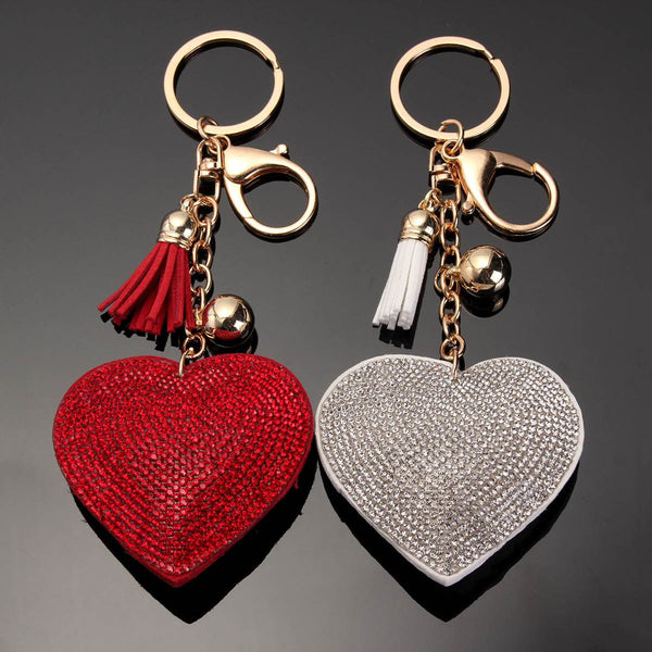 New Heart Pendant Key Charm Chain Faux Crystal Keyring Purse Car Alloy Keyfob Tassel Bag Pendant 2 Color DIY Fashion Jewelry