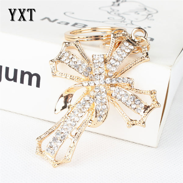 New Hot Arrive Cross Flowers Crystal Rhinestone Charm Pendant Purse Bag Car Key Ring Chain Creative Gift