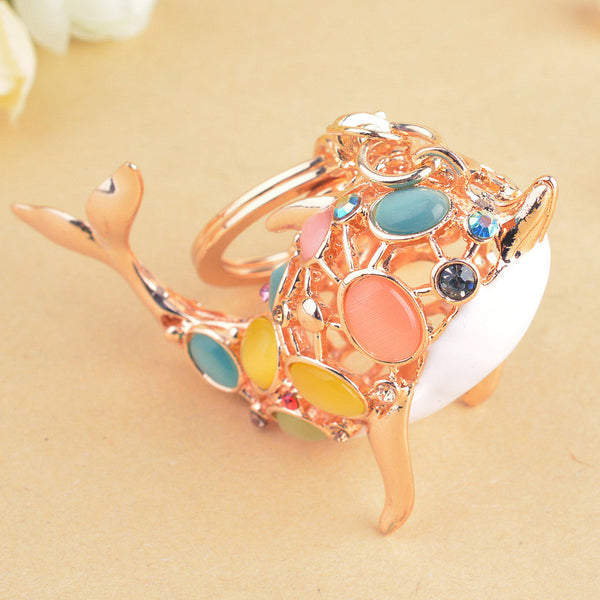 New Hot Fashion Hollow Rhinestone Ctue Dolphin Pendant Keychains Gold Plated Keyrings Women Purse Bag Jewelry Free Shipping