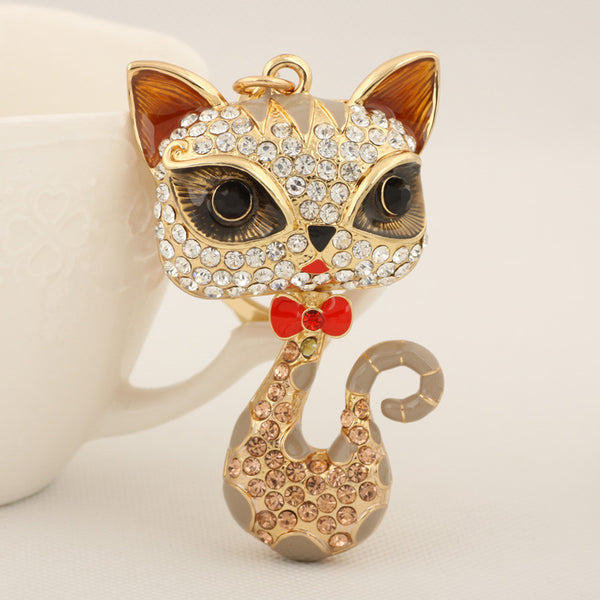 New Lovely Rhinestone Big Eye Cat Keychain Keyring Fashion Bow Metal Key Chain Ring for Women Girl Gift Purse Bag Charm Jewelry