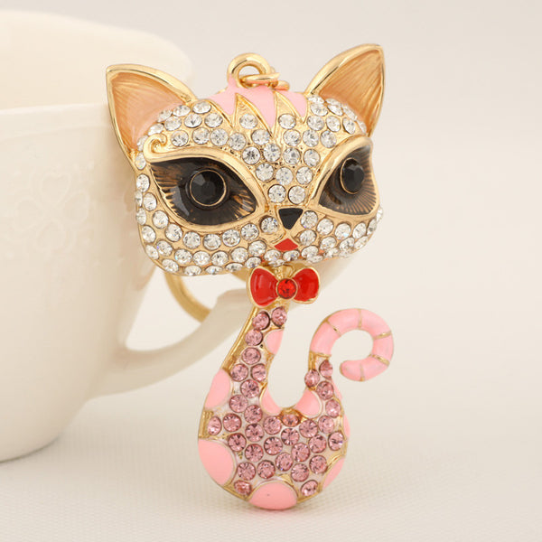 New Lovely Rhinestone Big Eye Cat Keychain Keyring Fashion Bow Metal Key Chain Ring for Women Girl Gift Purse Bag Charm Jewelry