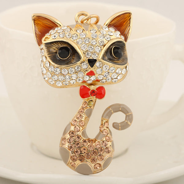 New Lovely Rhinestone Big Eye Cat Keychain Keyring Fashion Bow Metal Key Chain Ring for Women Girl Gift Purse Bag Charm Jewelry