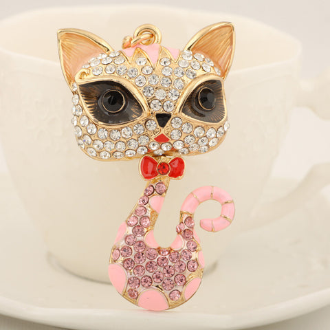 New Lovely Rhinestone Big Eye Cat Keychain Keyring Fashion Bow Metal Key Chain Ring for Women Girl Gift Purse Bag Charm Jewelry