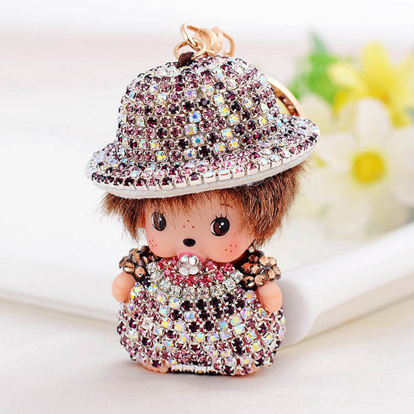 Novelty Item Exquisite Creative Keyring Rhinestone Country Style Monchhichi Keychains For Women Gift Purse Bag Charm Car Keyring