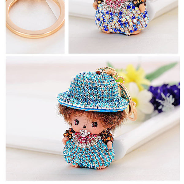 Novelty Item Exquisite Creative Keyring Rhinestone Country Style Monchhichi Keychains For Women Gift Purse Bag Charm Car Keyring