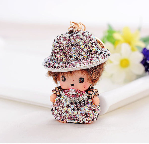 Novelty Item Exquisite Creative Keyring Rhinestone Country Style Monchhichi Keychains For Women Gift Purse Bag Charm Car Keyring