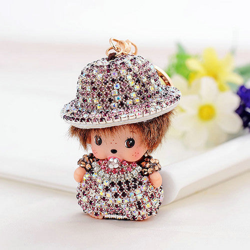 Novelty Item Exquisite Creative Keyring Rhinestone Country Style Monchhichi Keychains For Women Gift Purse Bag Charm Car Keyring