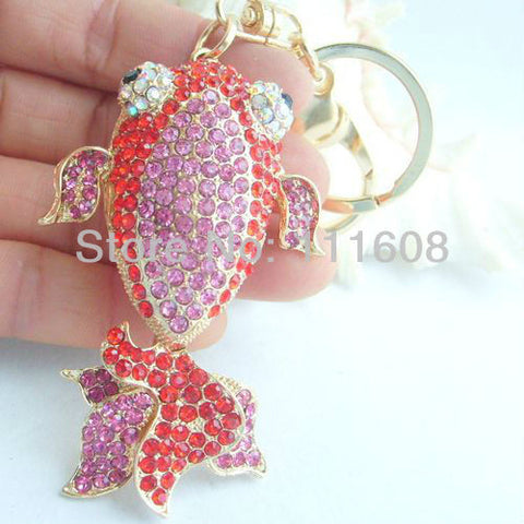 Purse Charming Goldfish Key Chain w Red & Pink Rhinestone Crystals KGOL421C1