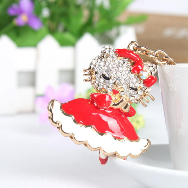 Red Girl Hello Kitty Dress SKirt Cat Cute Crystal Charm Purse Handbag Car Key Keyring Keychain Party Wedding Birthday Gift