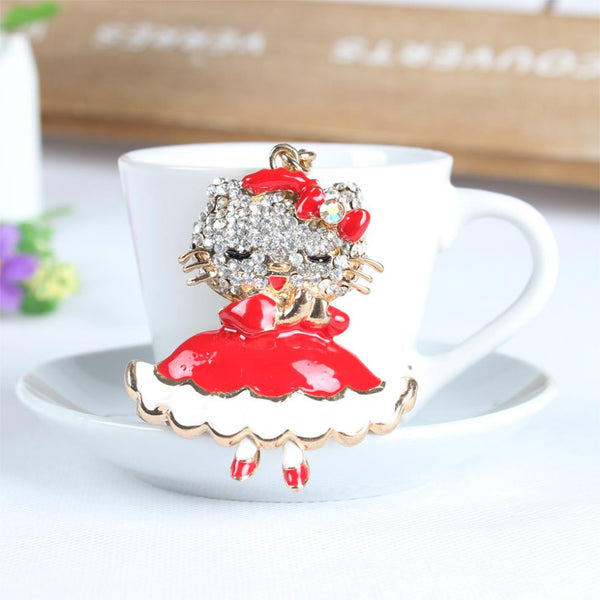 Red Girl Hello Kitty Dress SKirt Cat Cute Crystal Charm Purse Handbag Car Key Keyring Keychain Party Wedding Birthday Gift