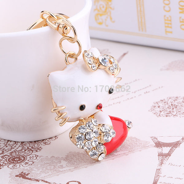 Red kawaii Enamel Cat Key chain Ring Fashion Rhinestone Animal Keychain bag Keyring Women Purse Charm Pendant Jewelry gift