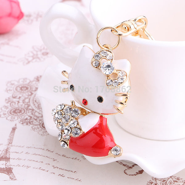 Red kawaii Enamel Cat Key chain Ring Fashion Rhinestone Animal Keychain bag Keyring Women Purse Charm Pendant Jewelry gift