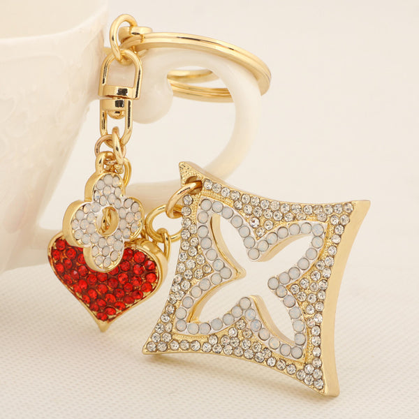 Rhinestone Clover Love Heart Tassel Keychain Fashion Metal Trinket Key Chain Ring for Women Gift Bag Purse Charm Pendant Jewelry