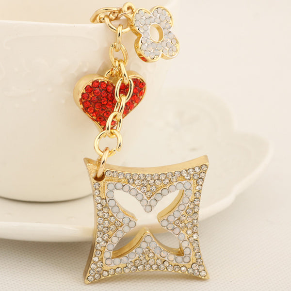 Rhinestone Clover Love Heart Tassel Keychain Fashion Metal Trinket Key Chain Ring for Women Gift Bag Purse Charm Pendant Jewelry