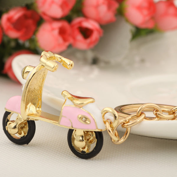 Small Cute 3D Motorcycle Keychain Fashion Rhinestone Trinket Metal Key Chain Ring for Women Gift Bag Purse Charm Pendant Jewelry