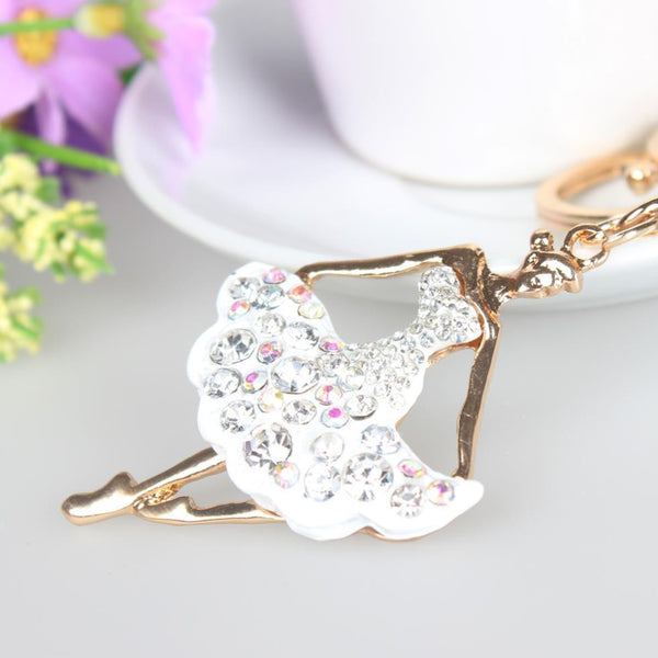 Top Hot Selling New Cute Ballet White Dancing Girl Lady Pendant Charm Crystal Purse Bag Keyring Chain Vintage- Style