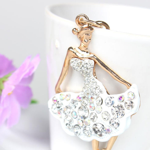 Top Hot Selling New Cute Ballet White Dancing Girl Lady Pendant Charm Crystal Purse Bag Keyring Chain Vintage- Style