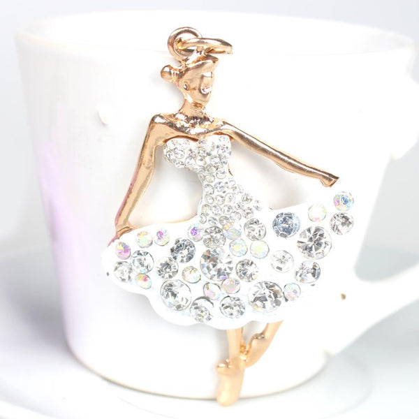 Top Hot Selling New Cute Ballet White Dancing Girl Lady Pendant Charm Crystal Purse Bag Keyring Chain Vintage- Style