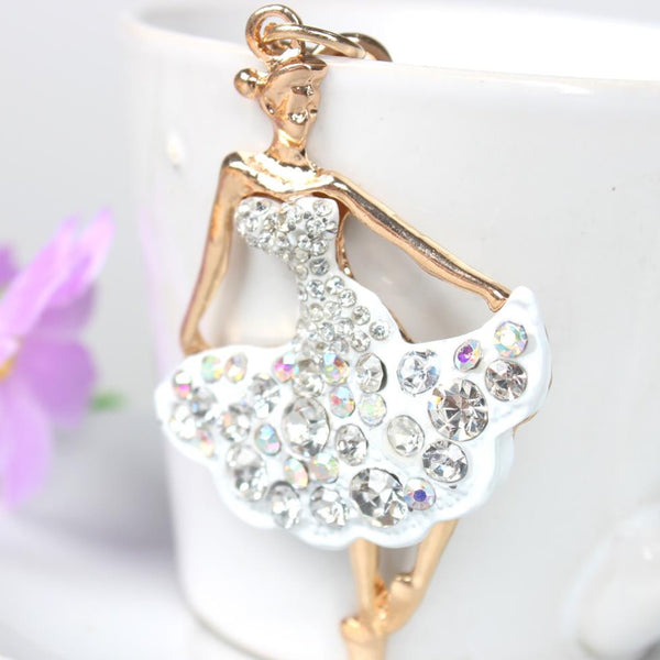 Top Hot Selling New Cute Ballet White Dancing Girl Lady Pendant Charm Crystal Purse Bag Keyring Chain Vintage- Style