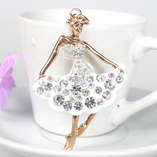 Top Hot Selling New Cute Ballet White Dancing Girl Lady Pendant Charm Crystal Purse Bag Keyring Chain Vintage- Style