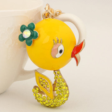 Unique Rhinestone Yellow Duck Keychain Keyring Fashion Flower Metal Key Chain Ring for Women Girl Gift Purse Bag Charm Jewelry