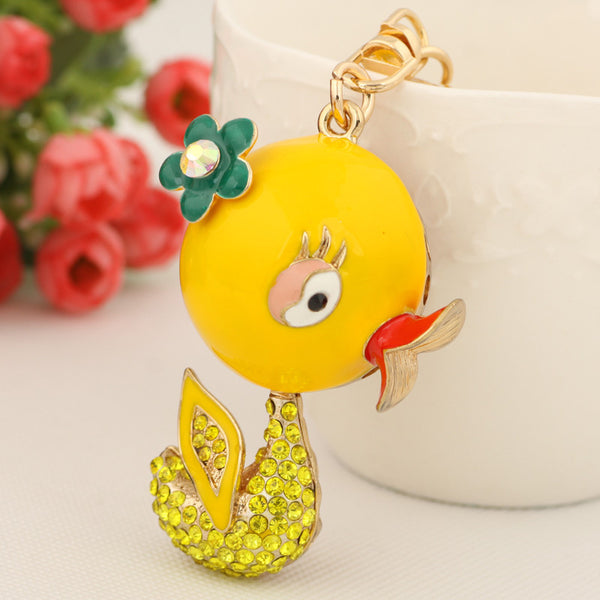 Unique Rhinestone Yellow Duck Keychain Keyring Fashion Flower Metal Key Chain Ring for Women Girl Gift Purse Bag Charm Jewelry