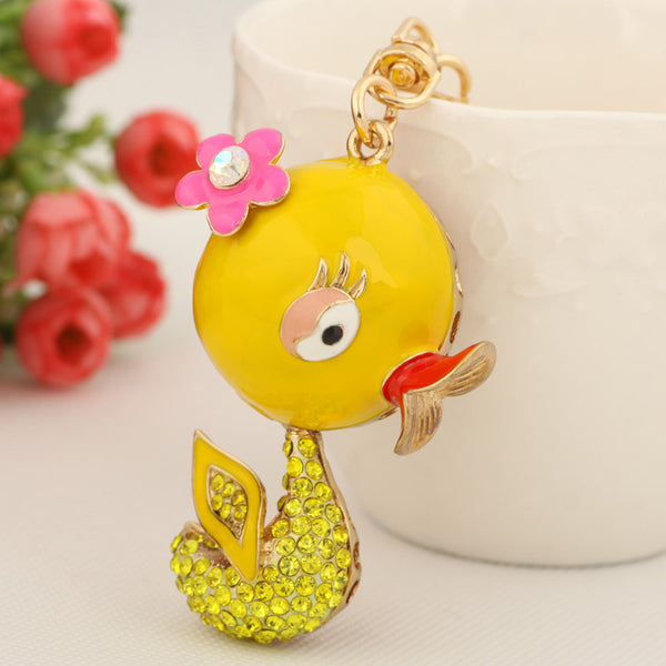 Unique Rhinestone Yellow Duck Keychain Keyring Fashion Flower Metal Key Chain Ring for Women Girl Gift Purse Bag Charm Jewelry