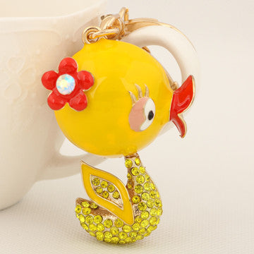 Unique Rhinestone Yellow Duck Keychain Keyring Fashion Flower Metal Key Chain Ring for Women Girl Gift Purse Bag Charm Jewelry