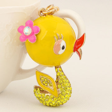 Unique Rhinestone Yellow Duck Keychain Keyring Fashion Flower Metal Key Chain Ring for Women Girl Gift Purse Bag Charm Jewelry