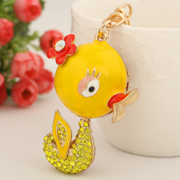 Unique Rhinestone Yellow Duck Keychain Keyring Fashion Flower Metal Key Chain Ring for Women Girl Gift Purse Bag Charm Jewelry