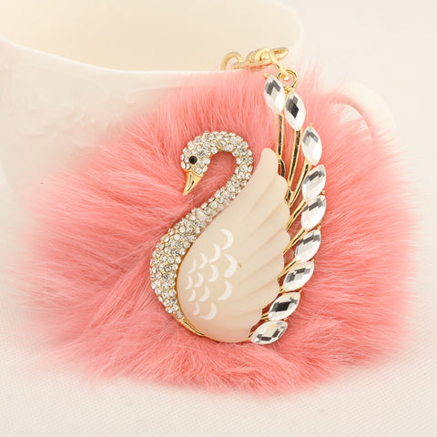 Vintage Rhinestone Swan Fur Fluff Keychain Fashion Crystal Animal Metal Key Chain Ring for Women Gift Bag Purse Charm Pendant