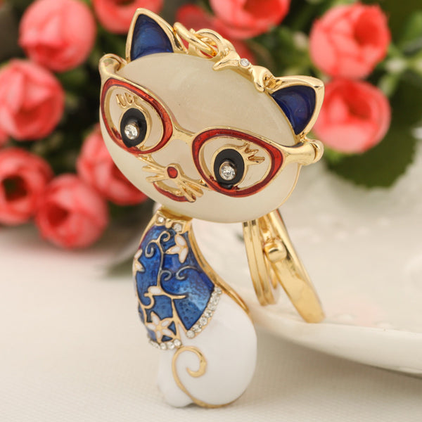 Wise Resin Glasses Cat Keychain Fashion Rhinestone Animal Metal Key Chain Ring for Women Gift Bag Purse Charm Pendant Jewelry