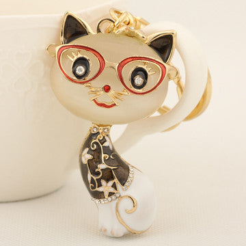 Wise Resin Glasses Cat Keychain Fashion Rhinestone Animal Metal Key Chain Ring for Women Gift Bag Purse Charm Pendant Jewelry