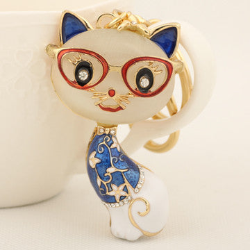 Wise Resin Glasses Cat Keychain Fashion Rhinestone Animal Metal Key Chain Ring for Women Gift Bag Purse Charm Pendant Jewelry