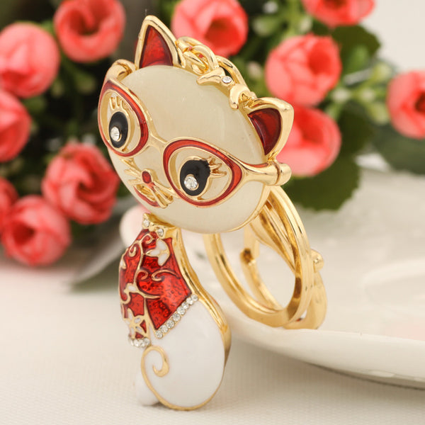 Wise Resin Glasses Cat Keychain Fashion Rhinestone Animal Metal Key Chain Ring for Women Gift Bag Purse Charm Pendant Jewelry