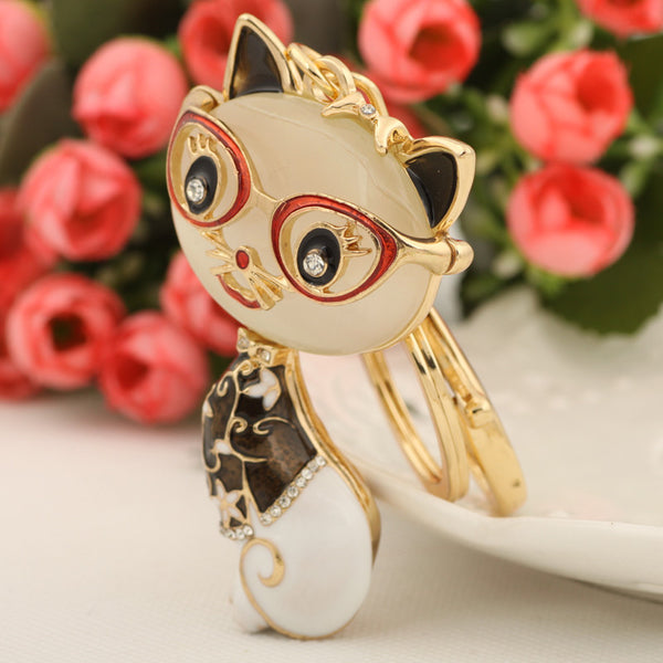 Wise Resin Glasses Cat Keychain Fashion Rhinestone Animal Metal Key Chain Ring for Women Gift Bag Purse Charm Pendant Jewelry